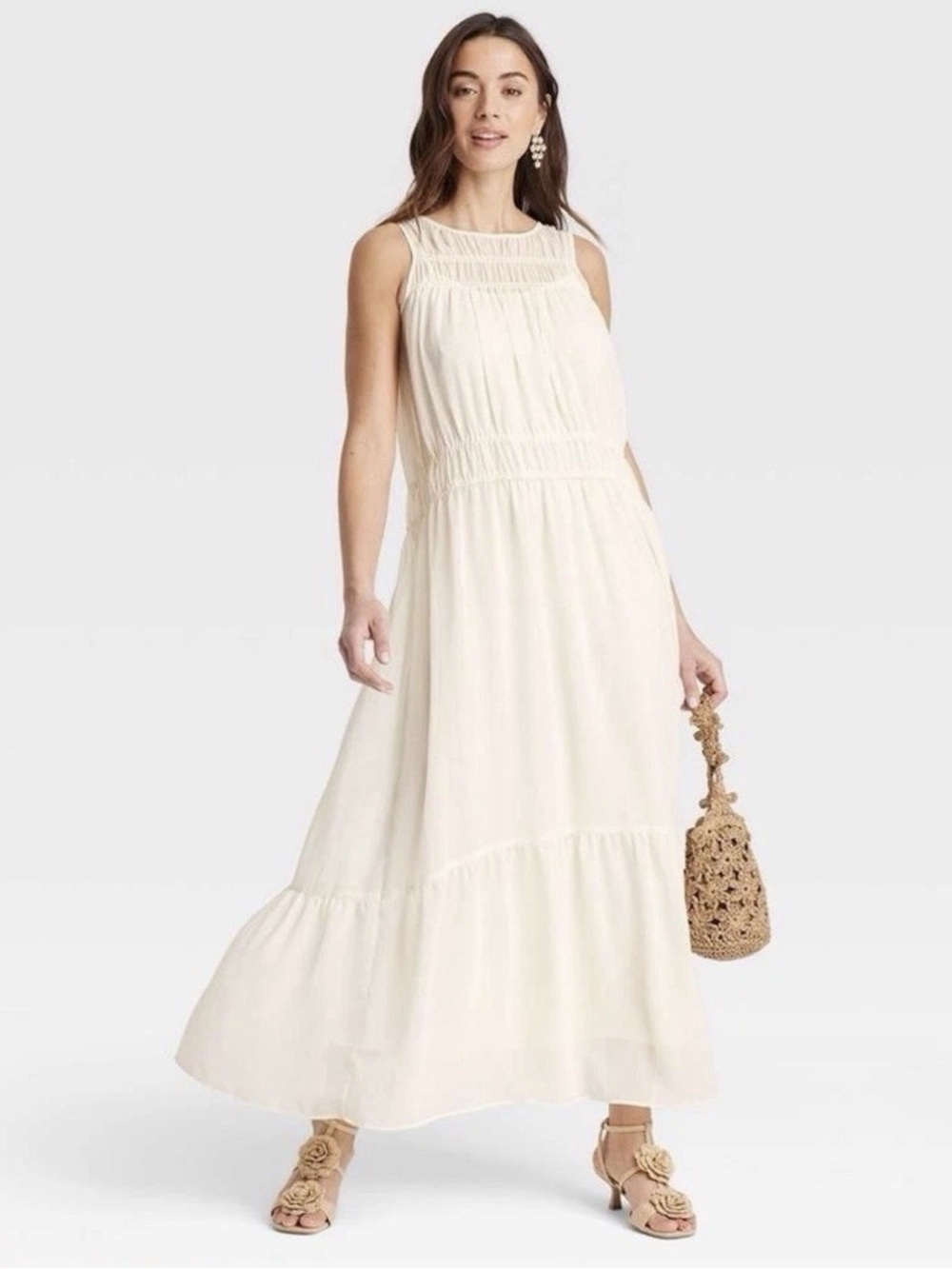 Women’s A New Day Cream Chiffon Maxi Dress Boho Beach Medium M NWT